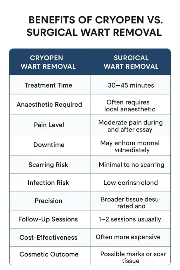 Table showing the benefits of cryopen to remove warts Eastbourne compared to surgical treatment